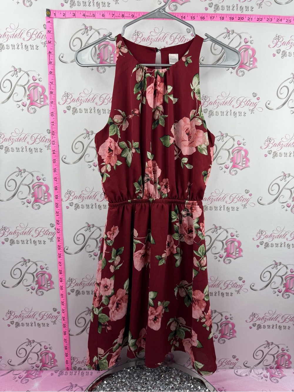 twik Simon’s dress flowy Burgundy Floral Midi Dress with Pink Roses